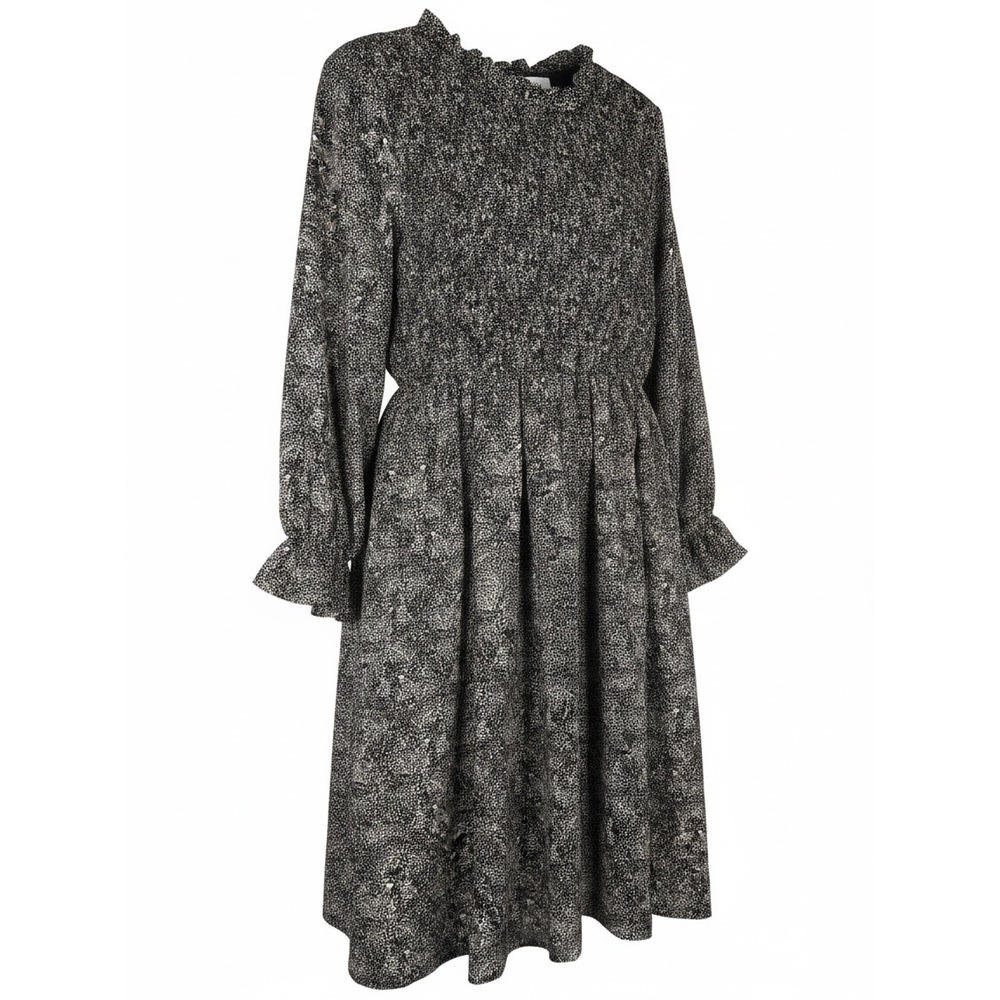 Tulip B Smocked Bodice Midi Dress Long Sleeve Ruffle Neck Black White JPJD633 L